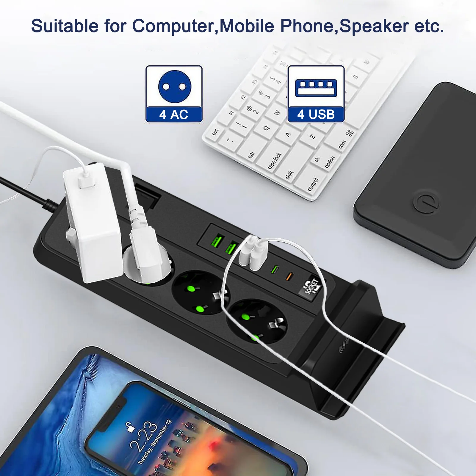 สายไฟ3000วัตต์ตัวกรองเน็ตเวิร์คสายไฟต่อ2เมตร4พอร์ตพร้อม USB 4พอร์ตและ Type-C 2พอร์ตตัวป้องกันชาร์จไร้สายไฟกระชาก