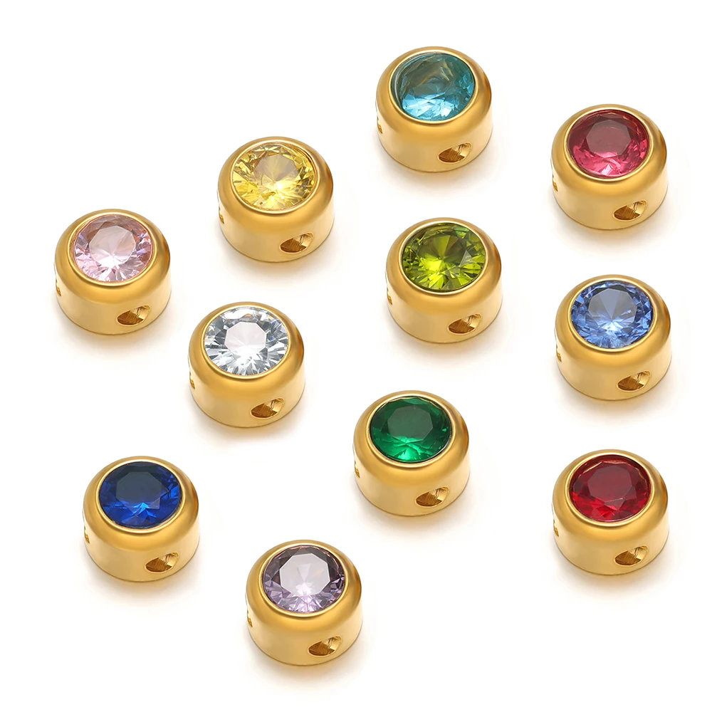 10pcs Stainless Steel 12 Months Birthstone 6mm Round Zircon Spacer Beads Jewelry Findings DIY Necklace Bracelets Earrings Making
