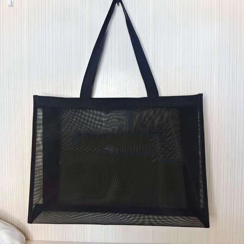 Bolsa de compras de malla de nailon transparente con logotipo personalizado, bolso de mano de un hombro, gran capacidad, transpirable, playa, viaje