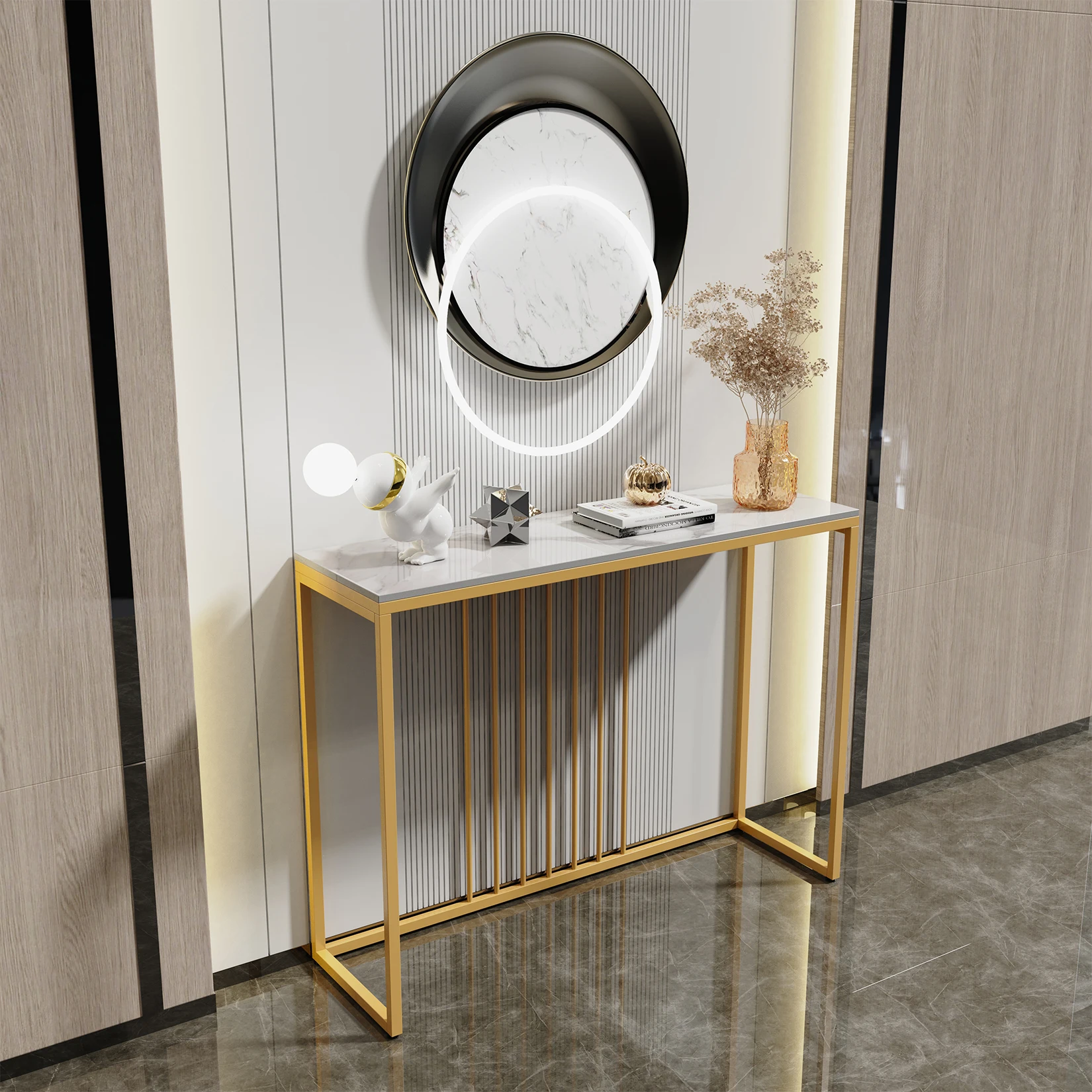Modern Accent Console Marmeren Tafel Goud Metalen Frame Opslag Display Plank Smalle Tafel Voor Hal Hal Woonkamer Entree