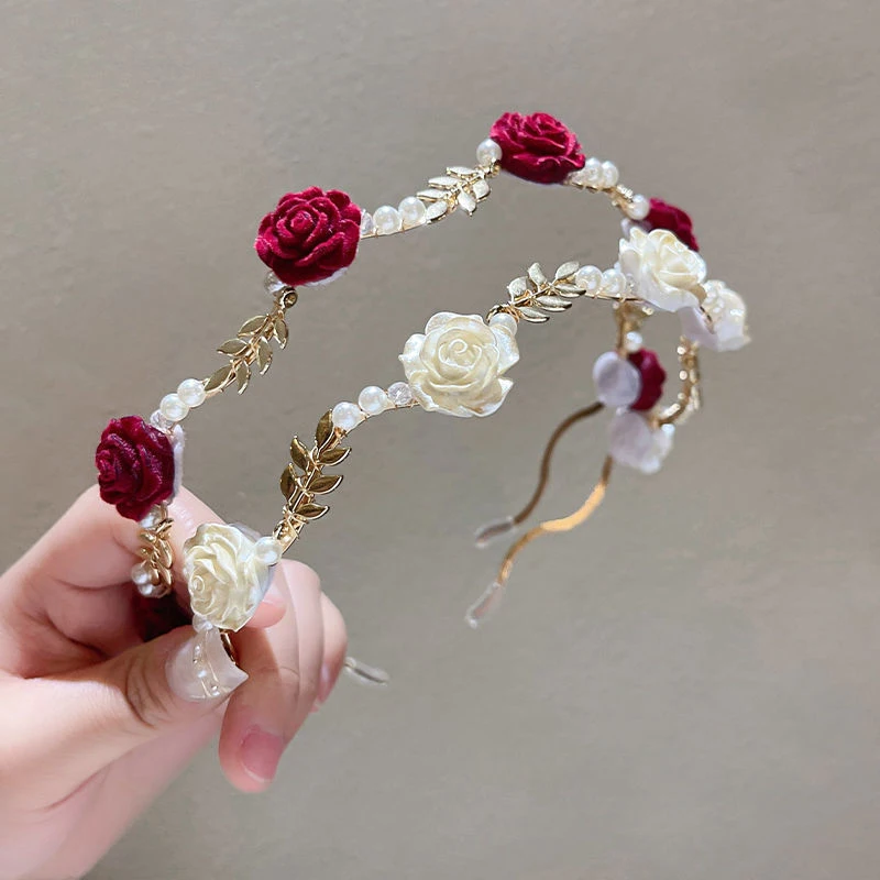 Women\'s Elegant Rose Vine Headband Hair Accessory Vintage Metal Flower Pearl Red and White Rose Headdress