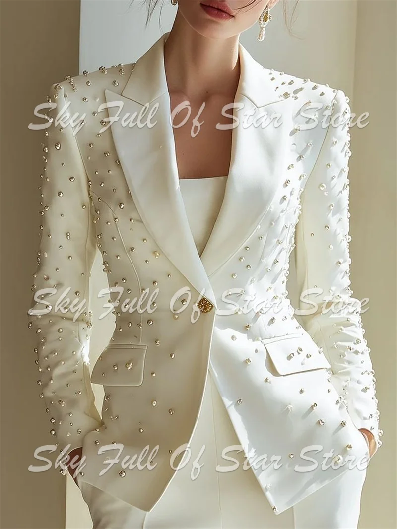 Custom White Pearl Rhinestone Women Suit 1 Pcs Single Button Blazer Elegant Wedding Bridal Evening Party Cocktail Ladies Outfit