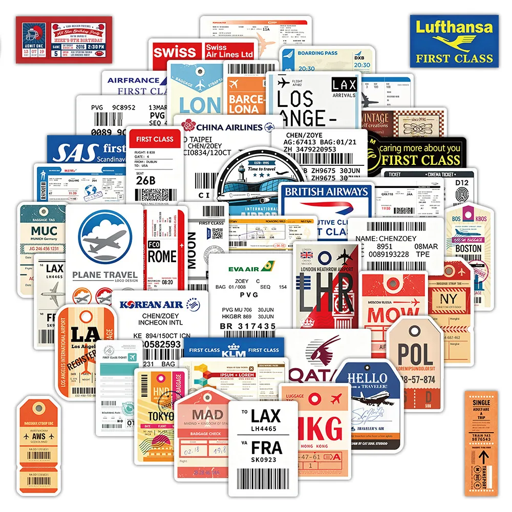 50Pcs Boarding Pass Pattern Decorative Stickers Waterproof Vintage Travel Ticket Decals for Luggage DIY RecordingYourLife Store
