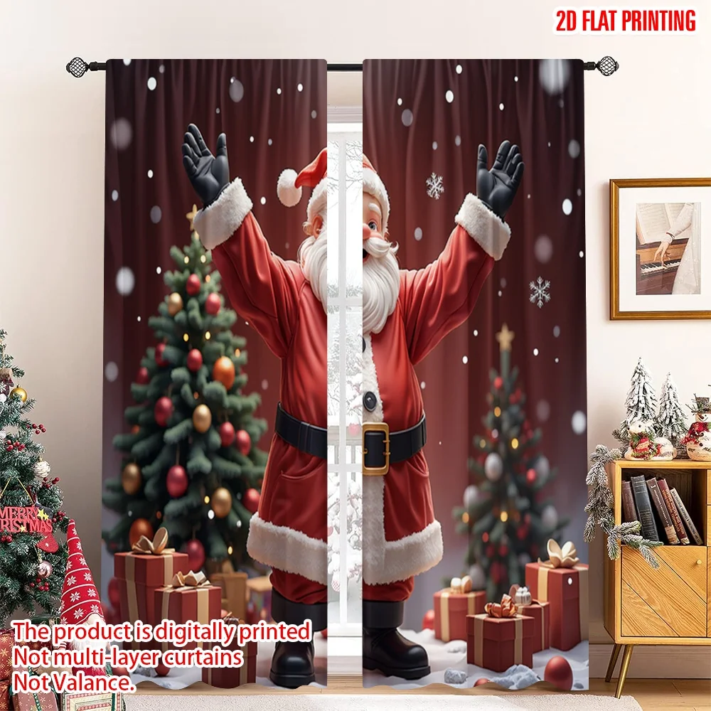 

2pcs 2D flat printing Merry Christmas Popular Curtains Santa Claus Christmas Tree Gifts_l Fabric Without Electricity Holiday