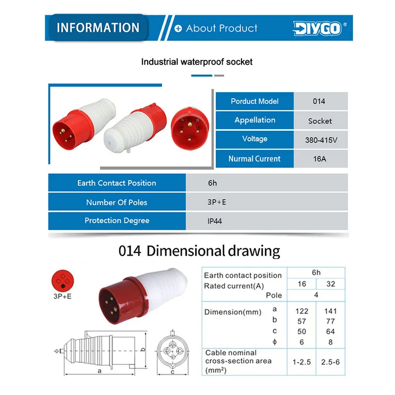 DIY GO IP44 Industrial Plug & Sockets Waterproof Cable Wire Connector Electrical Power Conditioning Male Female 16A 380V-415V