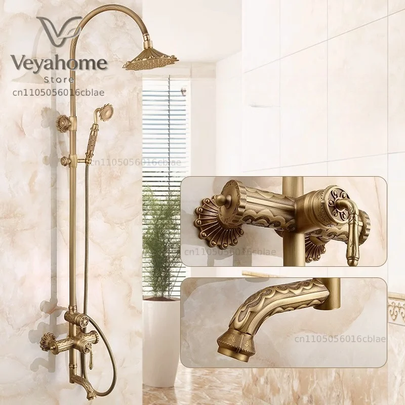 Antique Style Shower Set for Bathroom Retro Patterned Shower Luxury Faucet Set Rainfall with Spray Head