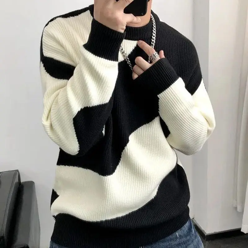 Contrasting Colors Patchwork Pullovers Knitted Autumn Winter Round Neck Men's Clothing Casual Loose Basic Long Sleeve Sweaters