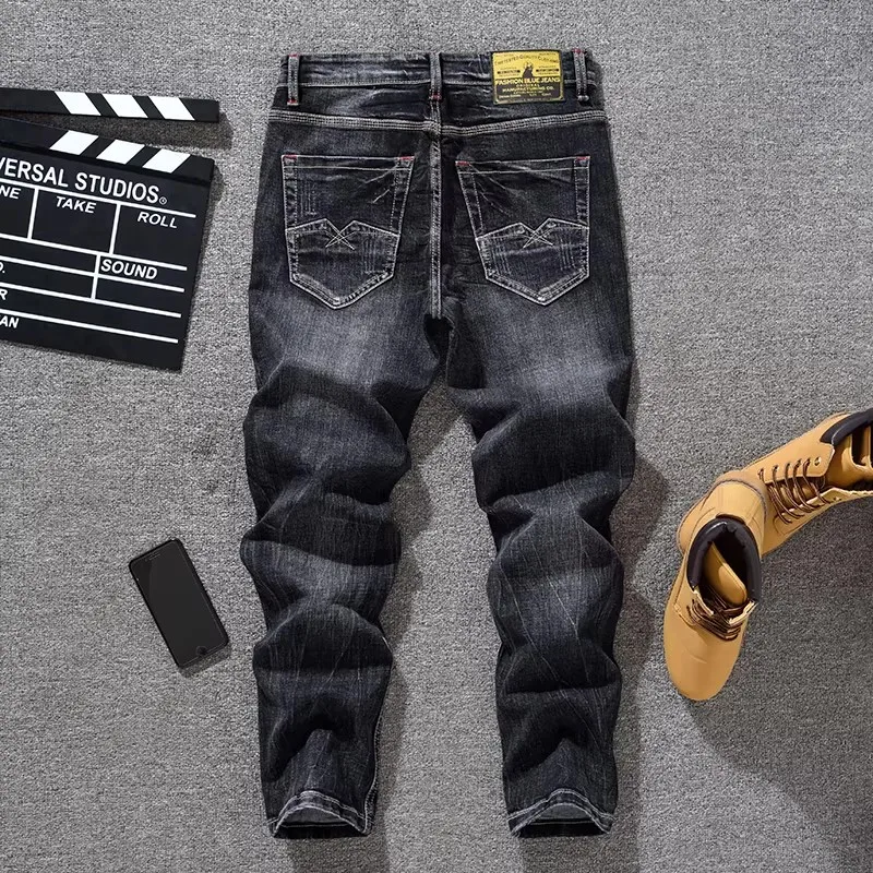 Italian fashion new men's elastic slim fit black gray jeans scratch washed retro designer denim lead embroidery pen pants hombre