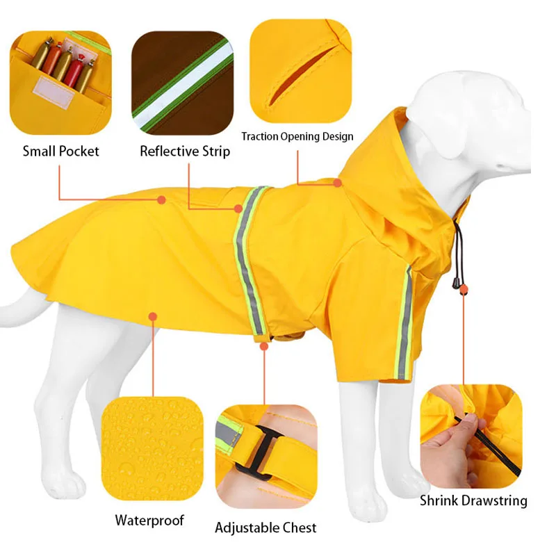 

Waterproof Large Dog Raincoat Pet Hooded Raincoat With Reflective Strap Pet Windproof Rainproof Hooded Raincoat for Dog