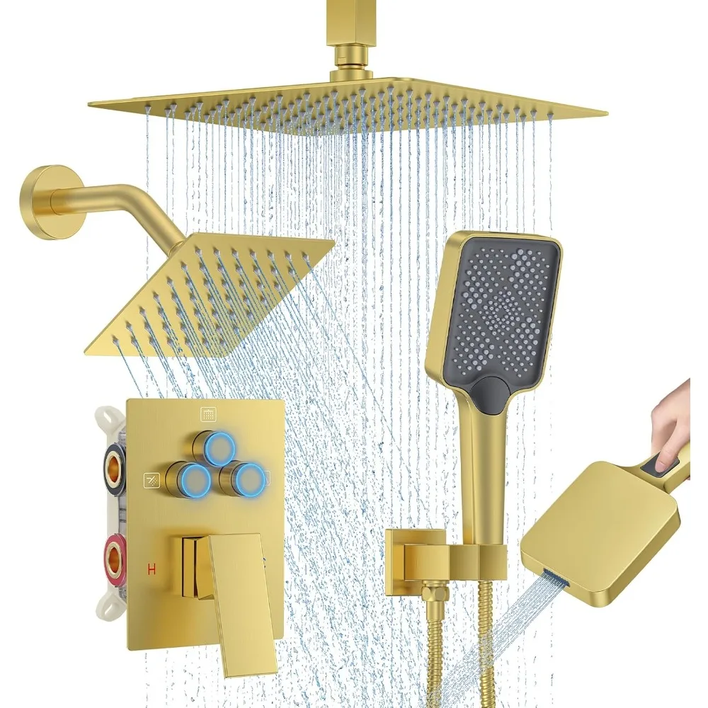 

Ceiling Mounted Rainfall Shower System with Dual Shower Heads and Push Button Handheld Sprayer