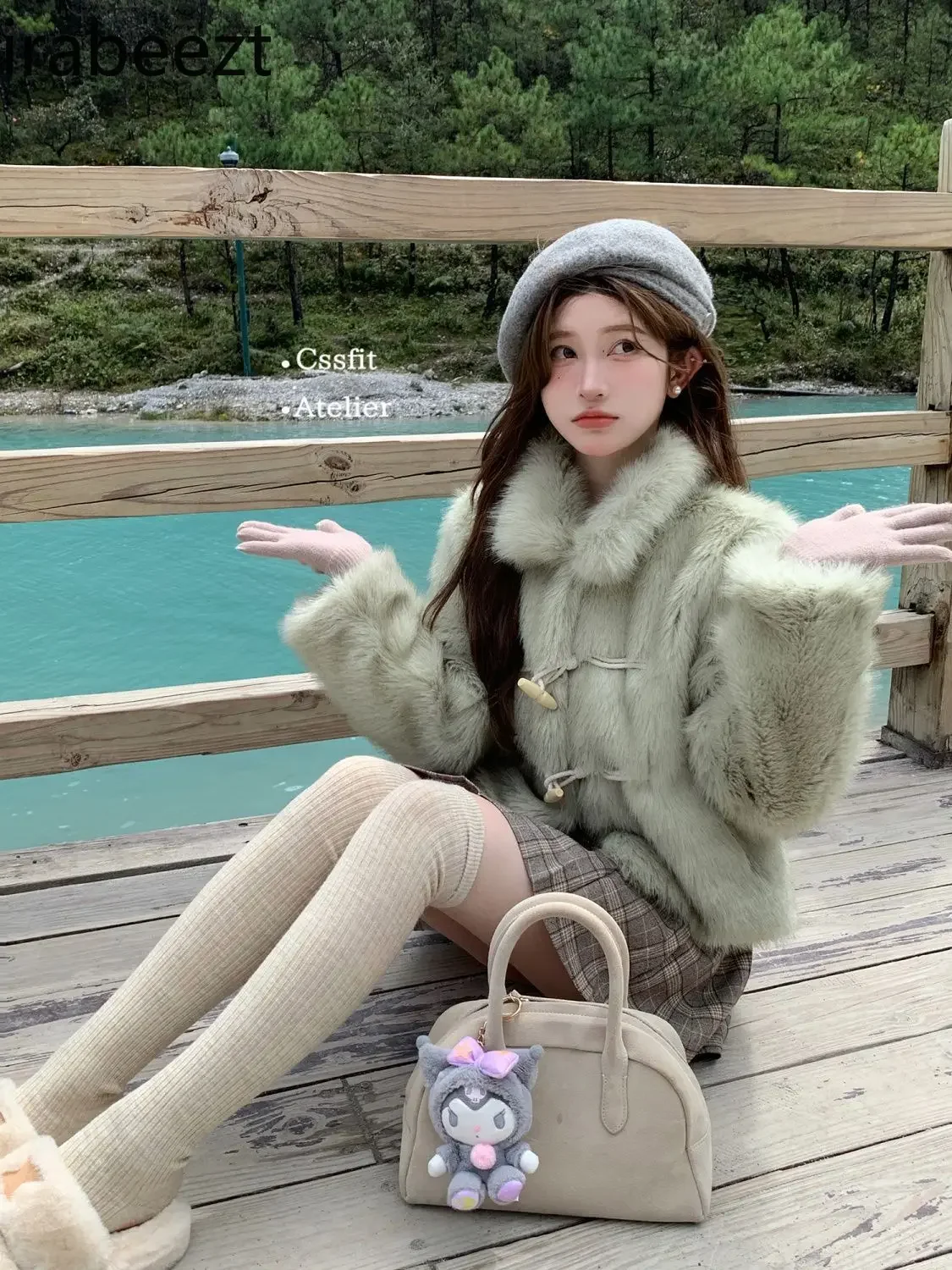 Horn Buckle Eco-friendly Fur Chic Chic Lapel Fresh Light Green Coat Female Jaqueta Feminina Inverno Mainland China Jacket Women