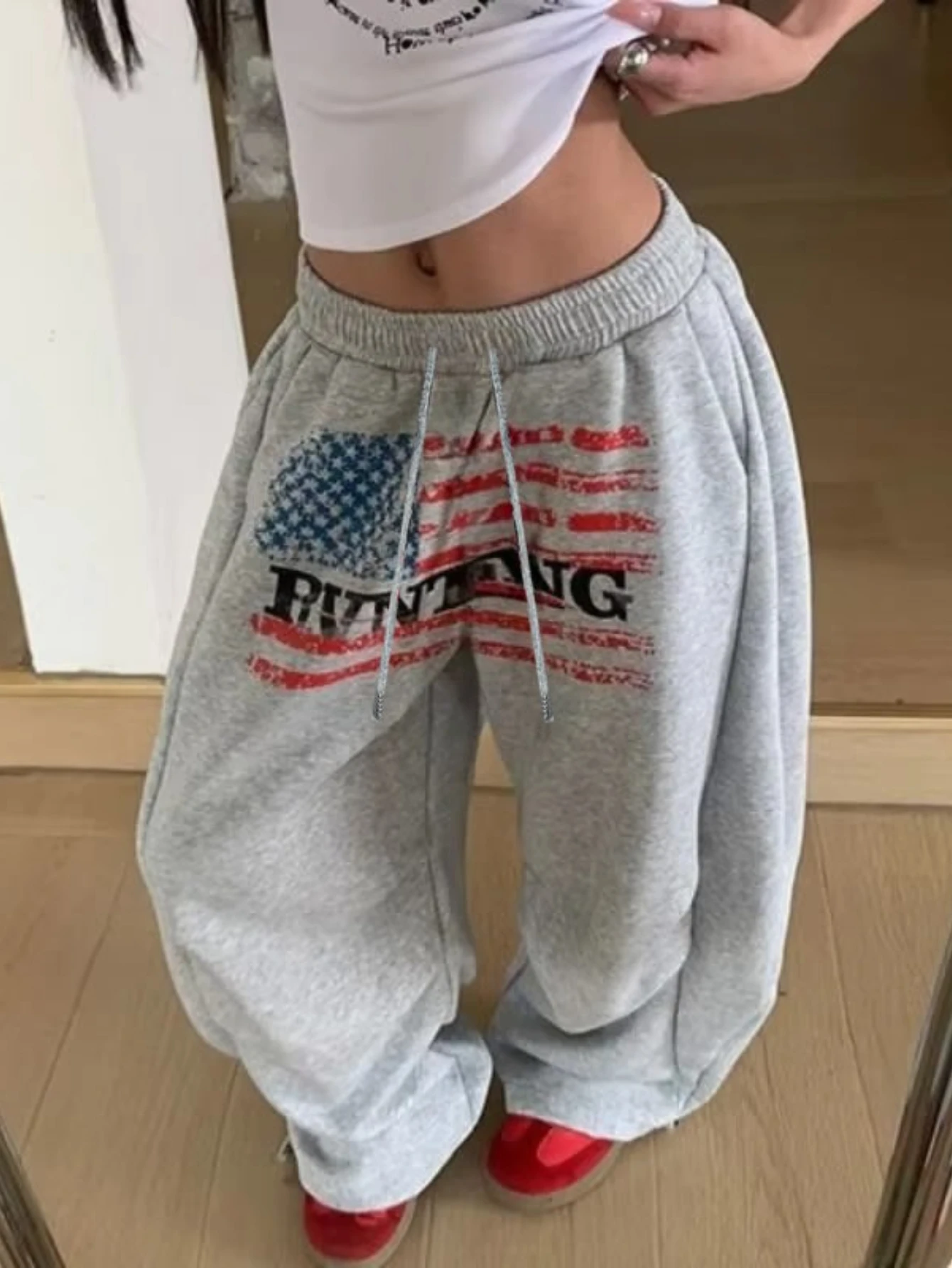 Y2K Women National Flag Print Streetwear Wide Leg Sweatpants Baggy Oversized Pants Grunge Joggers Trousers Acubi 2000s Clothes