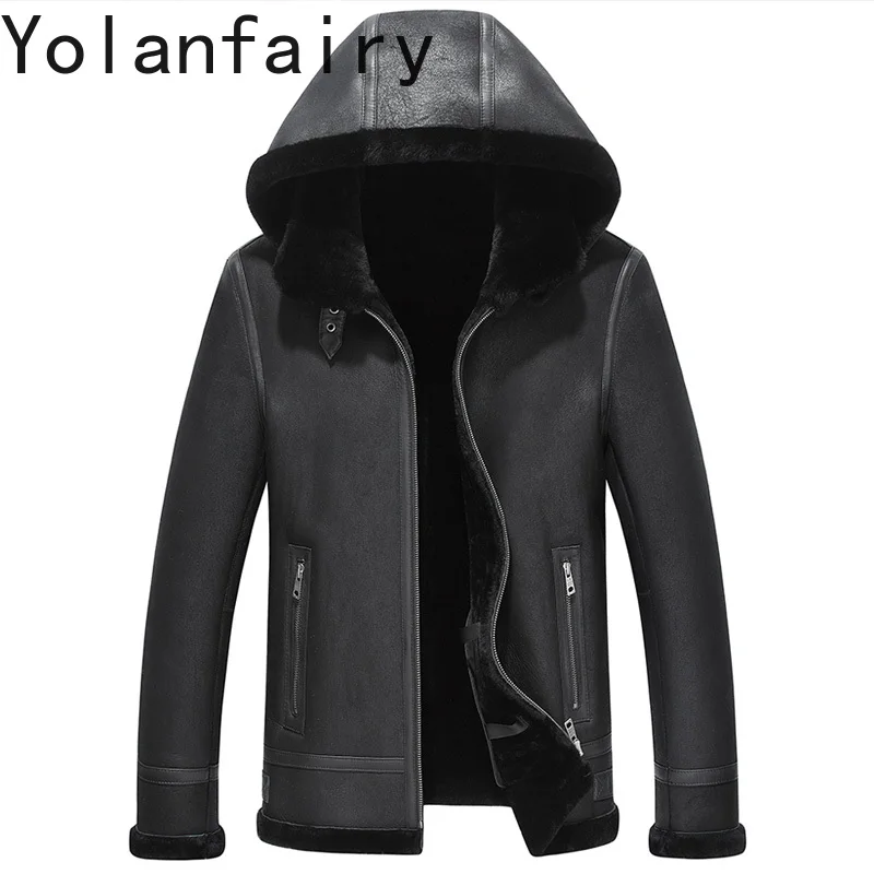 

YOLANFAIRY натуральное меховое пальто мужские куртки из натуральной овчины для мужчин зимние теплые короткие меховые пальто с капюшоном Casacas Para Hombre