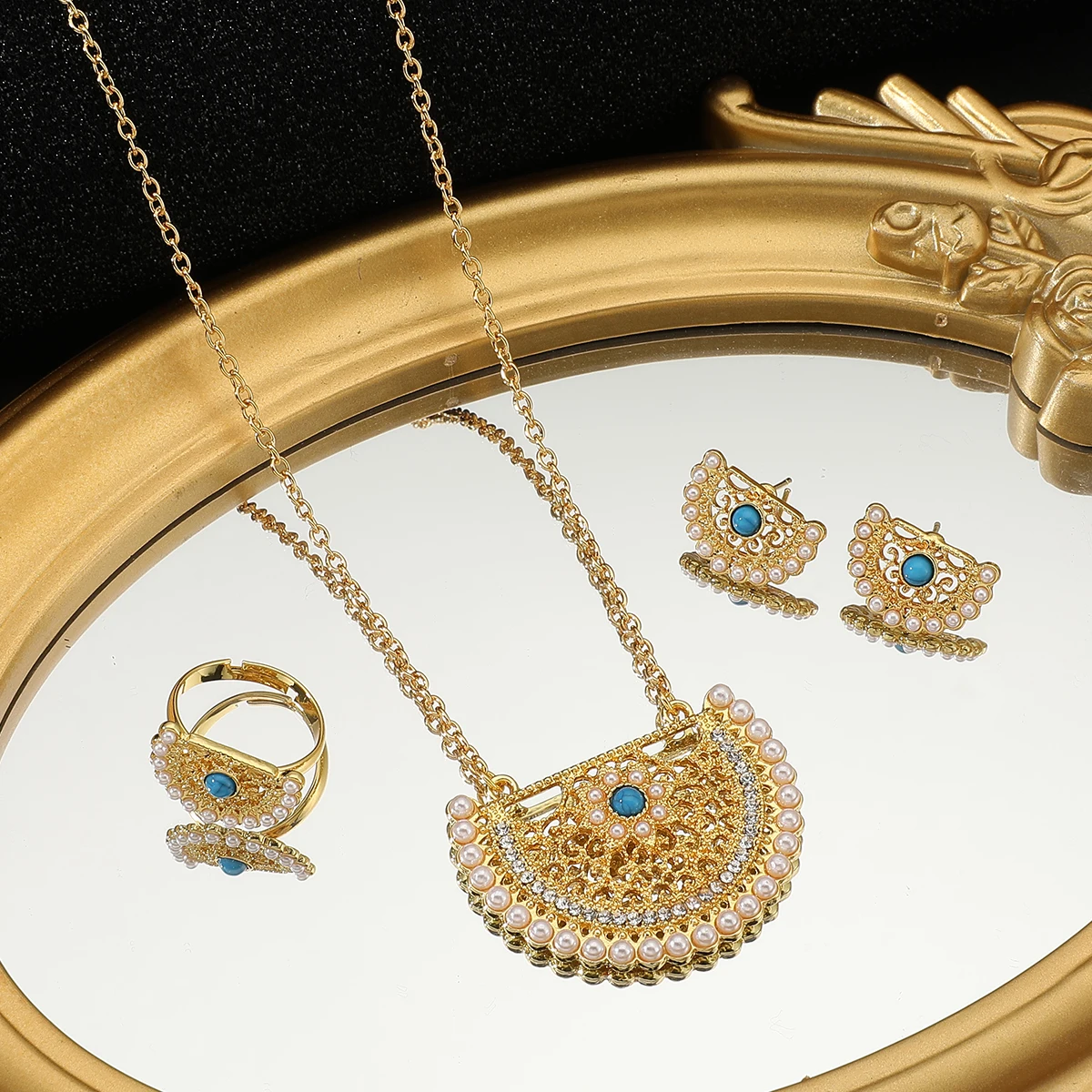 Stainless Steel Jewelry Set vintage golden pearls Necklace Earrings ring Exaggerated Jewelry Set For Women Jewelry Gifts