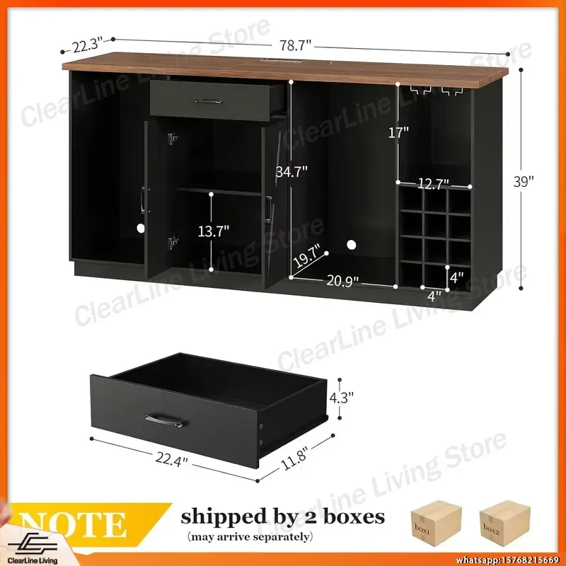 Large Coffee Bar Cabinet with Fridge Space Mini Fridge Storage Cabinet Liquor Cabinet Wine Rack Kitchen Storage Unit Bar