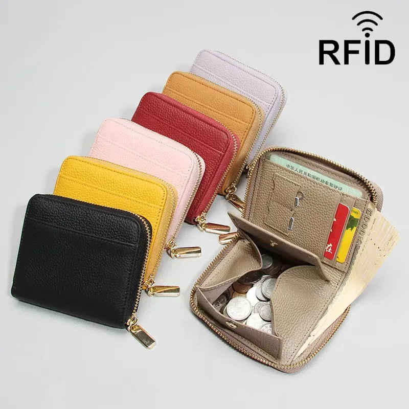Western Cowhide Leather RFID Blocking Women Wallet Multi-function Short Coin Purse for Ladies