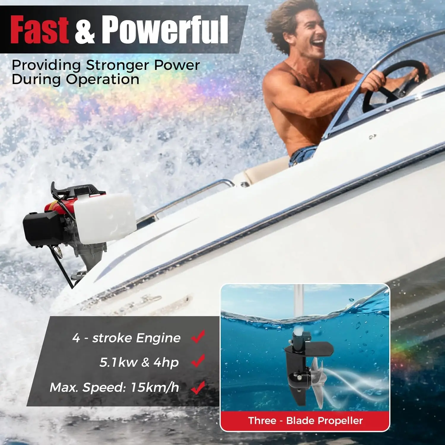 4HP Outboard Motor, 4 Stroke 53.2CC Marine Boat Engine with Air Cooling System, Hand Start Fuel Engine for Inflatable Fishing Boats Yachts Water Sport Tools