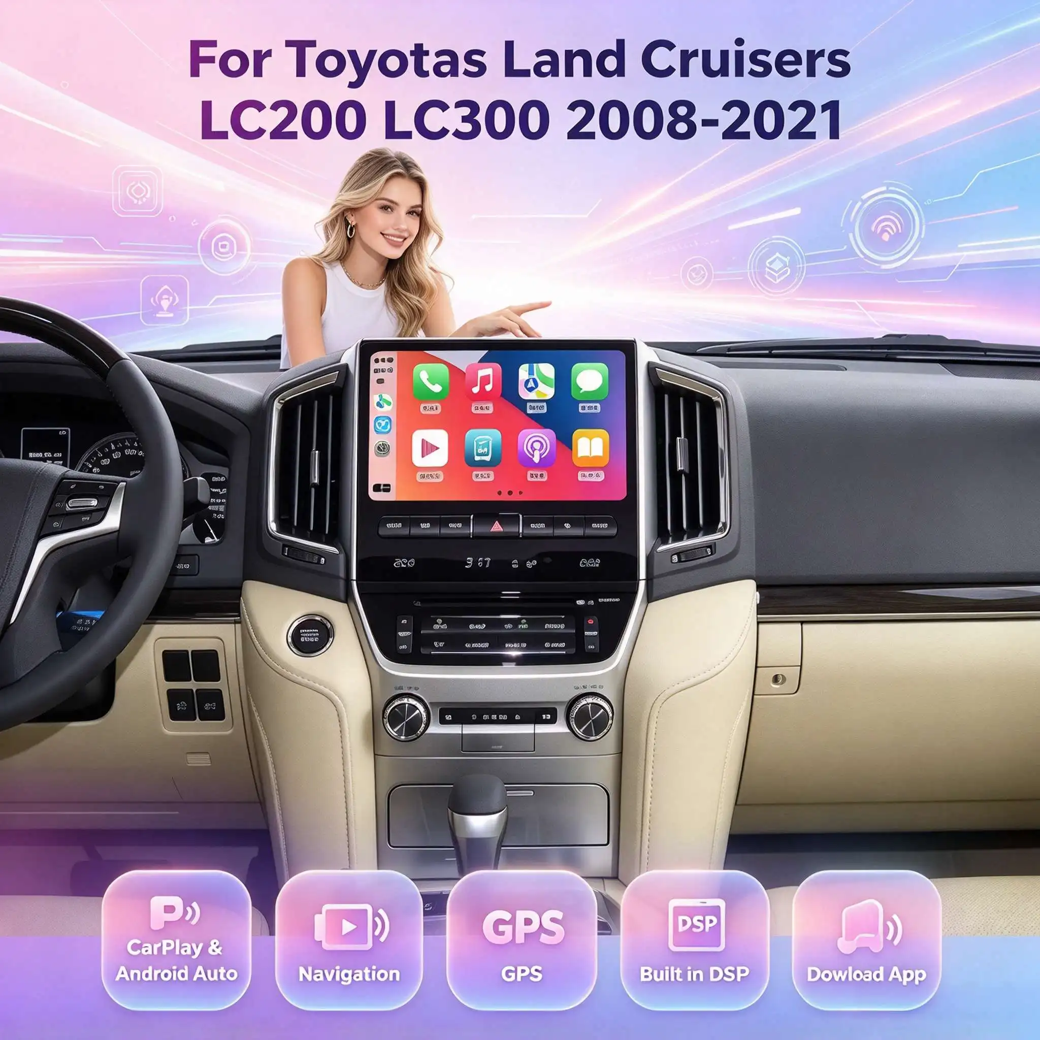 Android 14 10Inch For Toyotas Land Cruisers LC200 LC300 2008-2021 Head Unit Car Interior Upgrade Kits CarPlay GPS Video Player