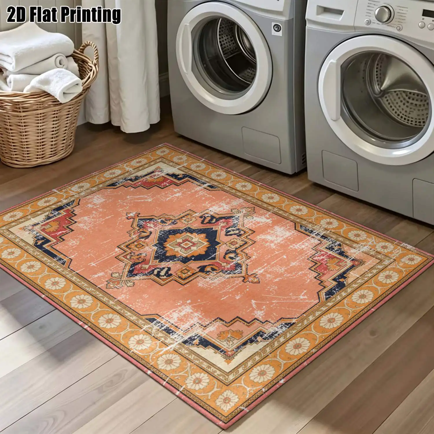 1Pc 2D Printed Pink Retro Geometric Carpet: European, Retro, Floral, Bohemian Style, Home Decor, Multi-Size, Machine Washable, Suitable for Entrance, Dining Room, Foyer, Bedroom, Living Room as a Mat/Carpet
