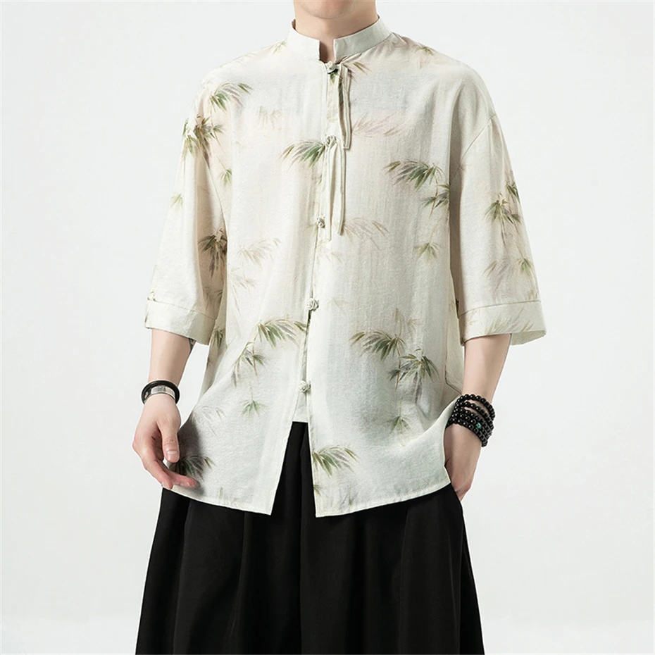 

Summer Linen Shirts Chinese Style Bamboo Leaf Printing Shirts Men Fashion Casual Linen Hanfu Male