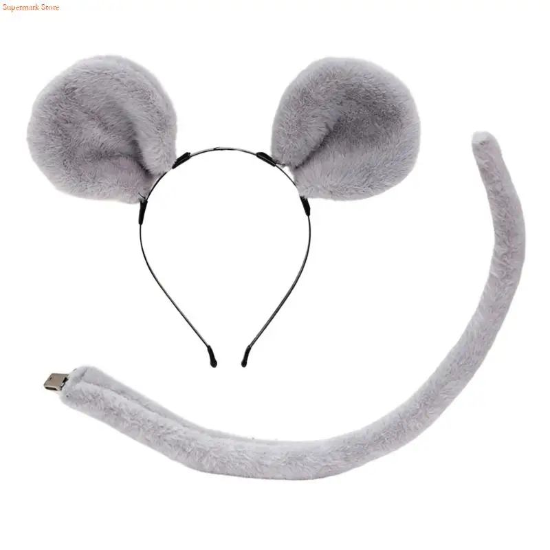 Hamster Costume Accessory Set Gray Plush Ears and Tail, 2 Animal Role Play Props for Halloween Theme Parties, Stage Shows