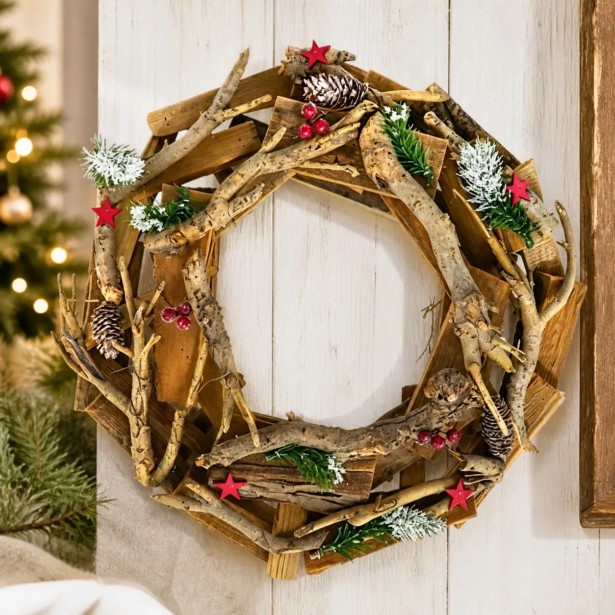 Couronne de Noël en bois naturel 40 cm, couronne rustique avec branches, cônes de pin, baies et étoiles rouges, décoration festive réutilisable pour portes intérieures, murs et fenêtres