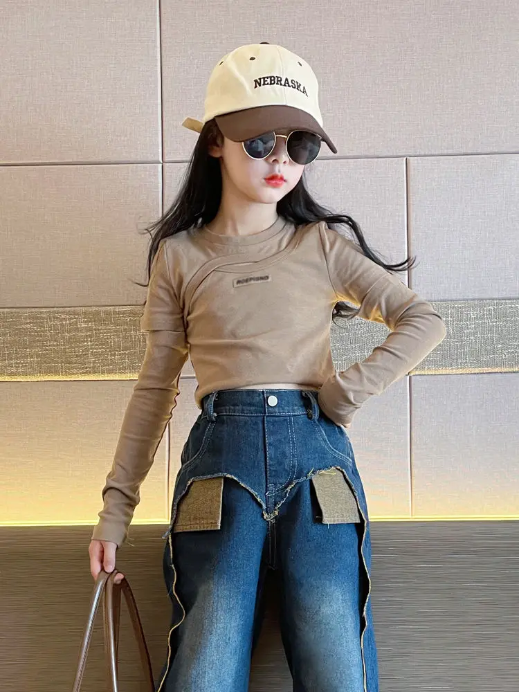 Girls Bottom Shirt Spring and Autumn 2024 New Fashionable Children Spring Clothing Girl Fashion Slim Fit Long Sleeved T-shirt