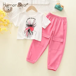 Humor Bear 2024 Brand Children Clothes Girl Print T-Shirt+ Big Pocket Sweatpants Two Piece Set casual Wear For Girls