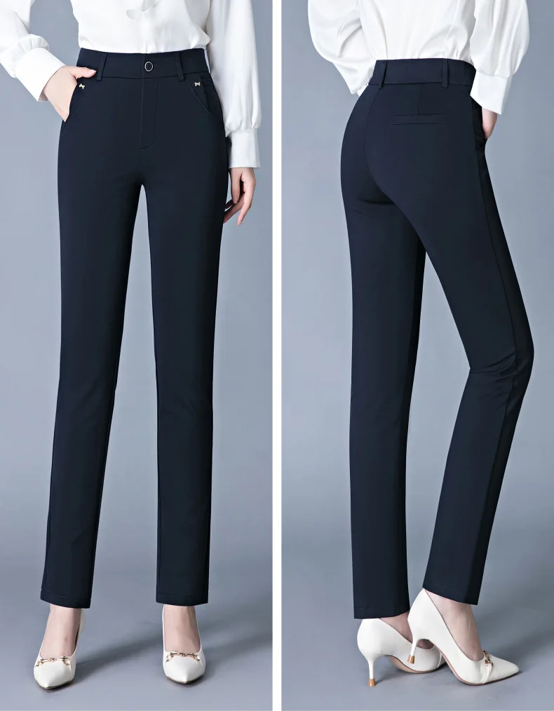 7XL Spring Autumn Casual Button Elastic Mid Waist Black&Navy Blue Straight Trousers Office Lady Quick Drying Suit Pants Female