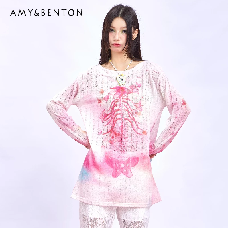 

New Women's Clothing Pink Flower Crew Neck Pullpvers Printing 2025 Spring Autumn Long-sleeve Versatile Thin Knitted Sweater Girl
