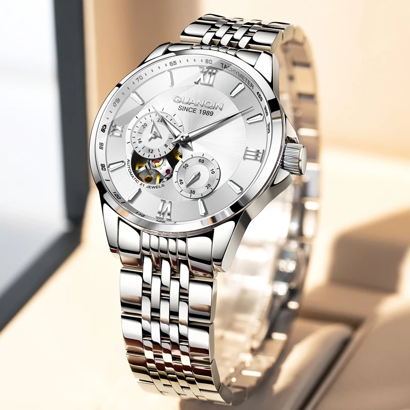 

Мужские часы GUANQIN с автоматическим механизмом, маленький второй дополнительный циферблат, спортивная версия, водонепроницаемость 30 м, светящиеся мужские наручные часы