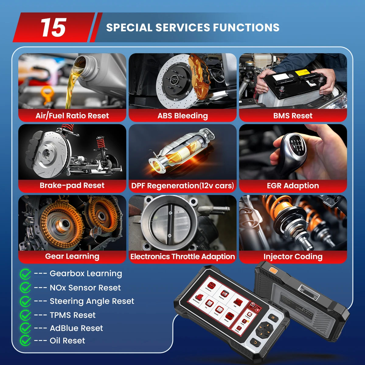 أحدث إصدار ANCEL FX6100 Obd2 الماسح الضوئي التلقائي 15 + وظائف خاصة الاختبار النشط 20 + لغات DPF obdii أداة تشخيص المسح الضوئي