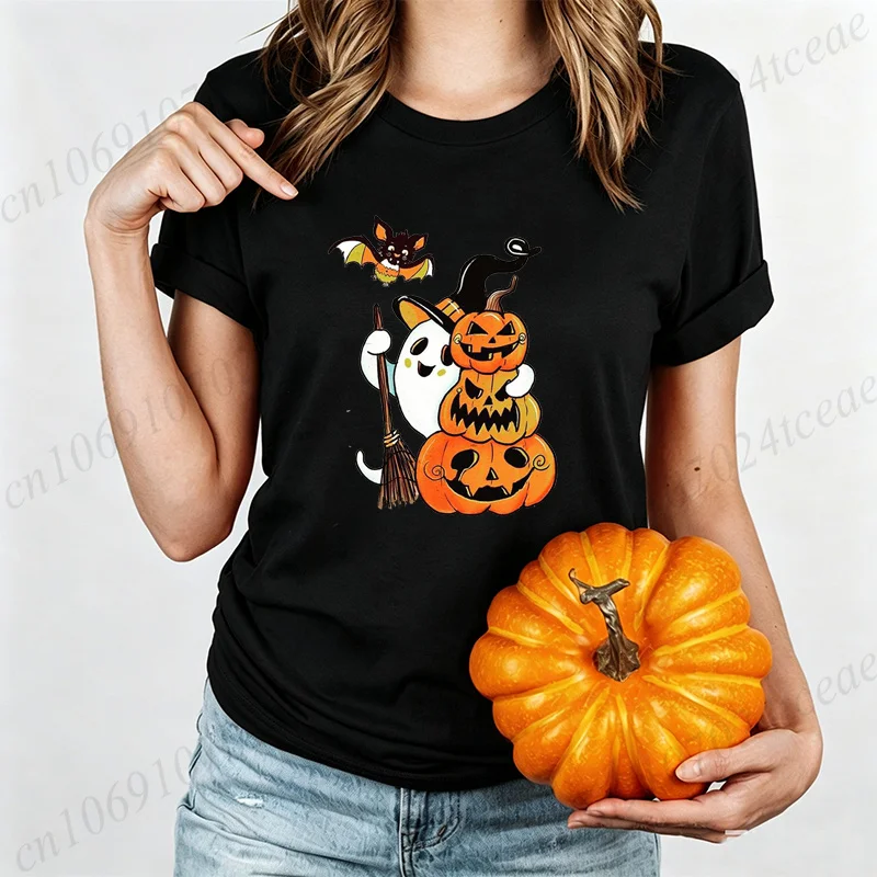 T Shirt Women Halloween Cute Black Cat in Pumpkin Print Graphic Tees Spooky Season T-Shirts Family Holiday Party Tee Tops Gifts