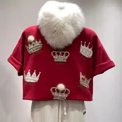 Winter Women Thick Frosted Crown Rhinestones T-shirts Slim Diamonds Beaded Tees Short Sleeve Jumpers Medium Length Crop Tops