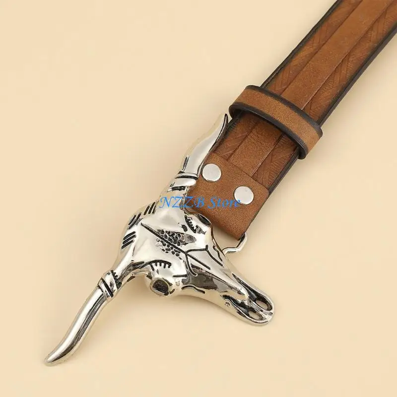 T21F الكبار بولي Leather حزام خصر من الجلد مع ستيريو الثور رئيس مشبك مقاومة للاهتراء حزام خصر للرجال المراهقين معطف بنطلون #2