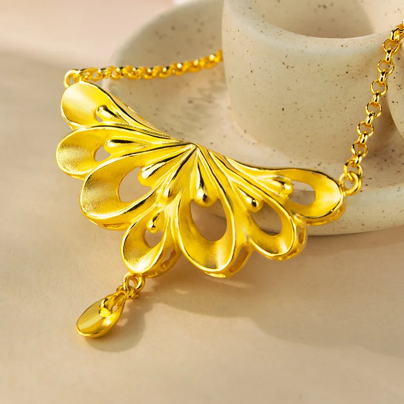 Luxury 24K 9999 Pure Gold real gold Women's Peacock Tail Water Drop Pendant Necklace