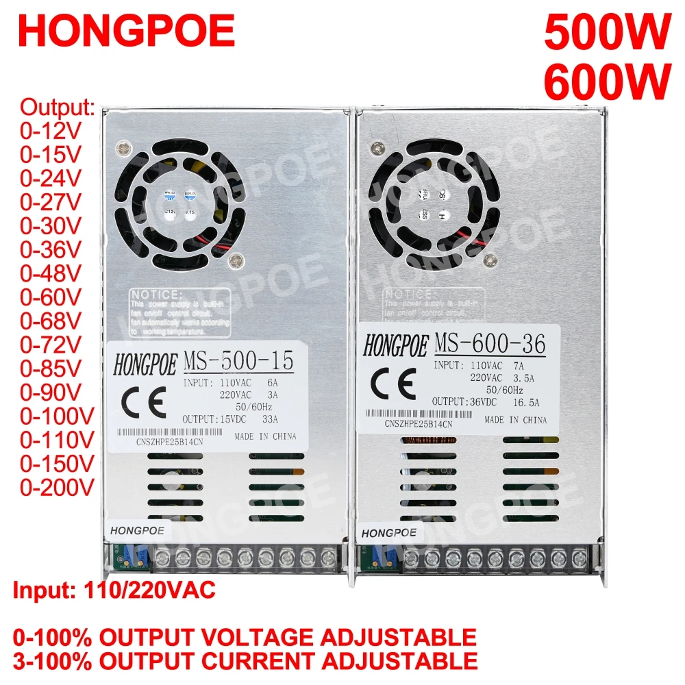 

Adjustable 500W 600W Power Supply 0-12V 15V 24V 30V 36V 48V 60V 72V 85V 90V 110V 150V 200V 110-220V Ac To Dc Smps LED Industrial