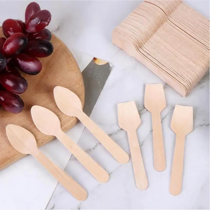 50/100Pcs Disposable Wooden Square Spatula Mini Spoons For Cake Dessert Ice Cream Party Takeaway Food Use