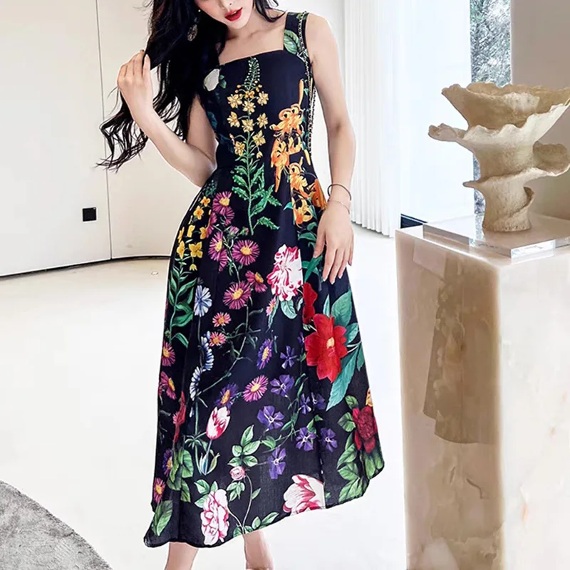 

2024 Summer New Heavy Industry Embroidery Beading Lace up Dress Open Back Long Printed Waist Slimming Dress for Women X915