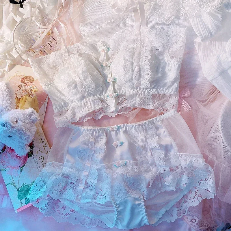 Conjunto lingerie sexy para mulheres, sutiã e calcinha, flores de fivela frontal, roupa íntima de algodão, renda vintage, menina lolita, sutiãs kawaii