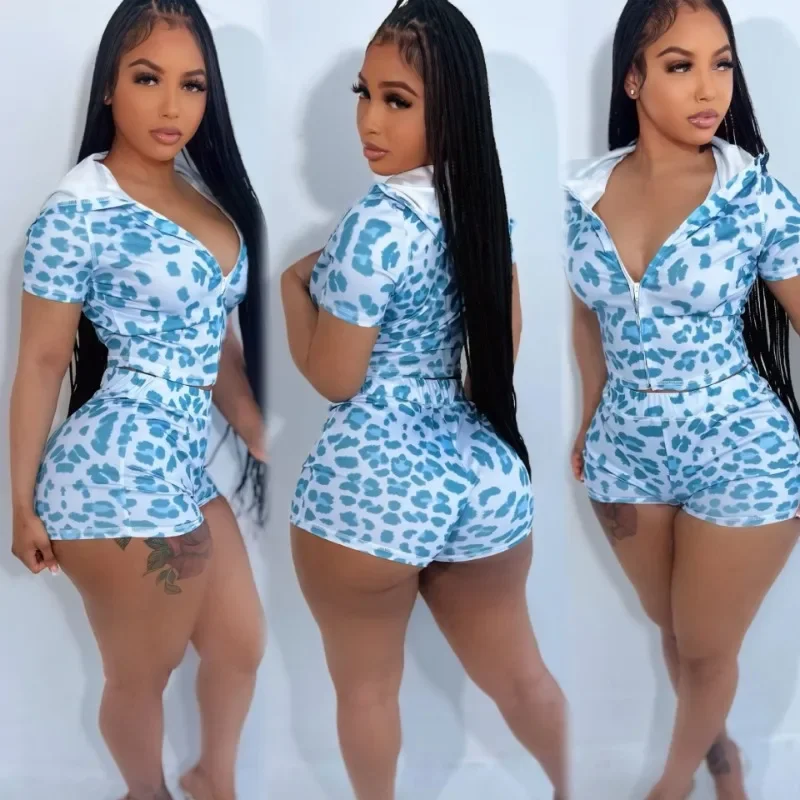 

GUWU Leopard Print Women's Set Short Sleeve Hoodies + Shorts Suit 2025 Fashion Streetwear Active Two 2 Piece Set Tracksuit