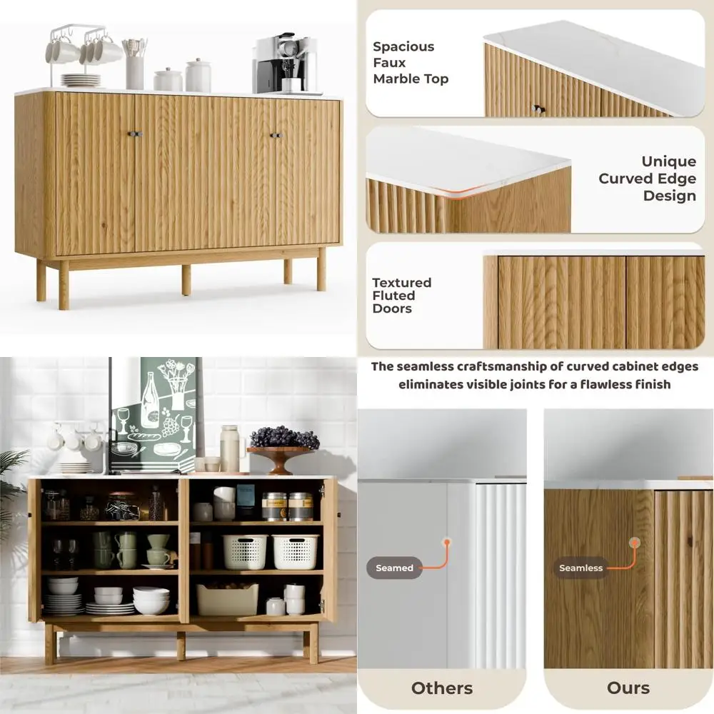 خزانة بوفيه حديثة مخددة مع مساحة تخزين، وخزانة جانبية ذات 4 أبواب، وأرفف قابلة للتعديل، ووحدة تحكم بار القهوة لليفي المعاصر