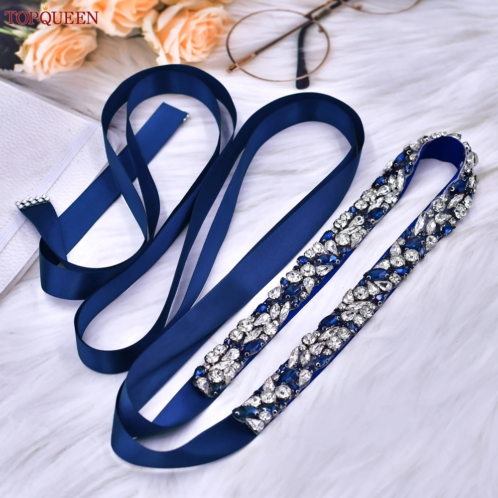 TOPQUEEN Fashion Bridal Thin Waistband Ink Blue Rhinestone Wedding Belt Stage Dress Waist Decoration Women Diamond Belt S85-ML