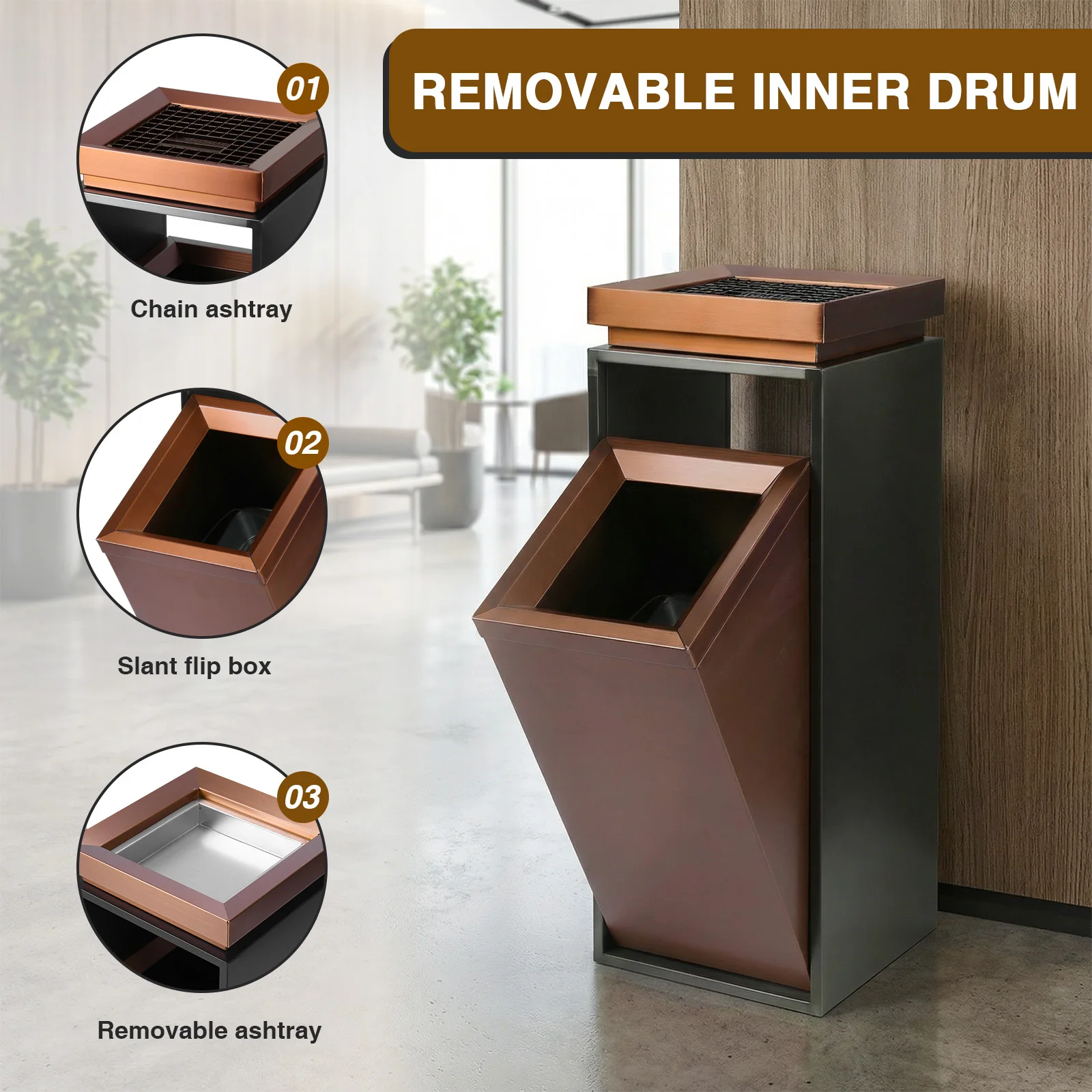 

Stainless Steel Trash Can with Ashtray/Lid with Removable Inner Bucket 29.53x11.02x11.02in for Parks Public Spaces