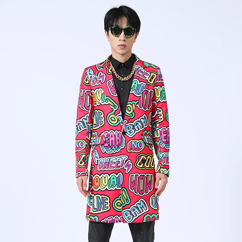 Mens Letter Print Long Blazer Single Button 3D Pattern Hip Hop Stage Middle Length Blazers Singer Dance Hairdresser Show Coat