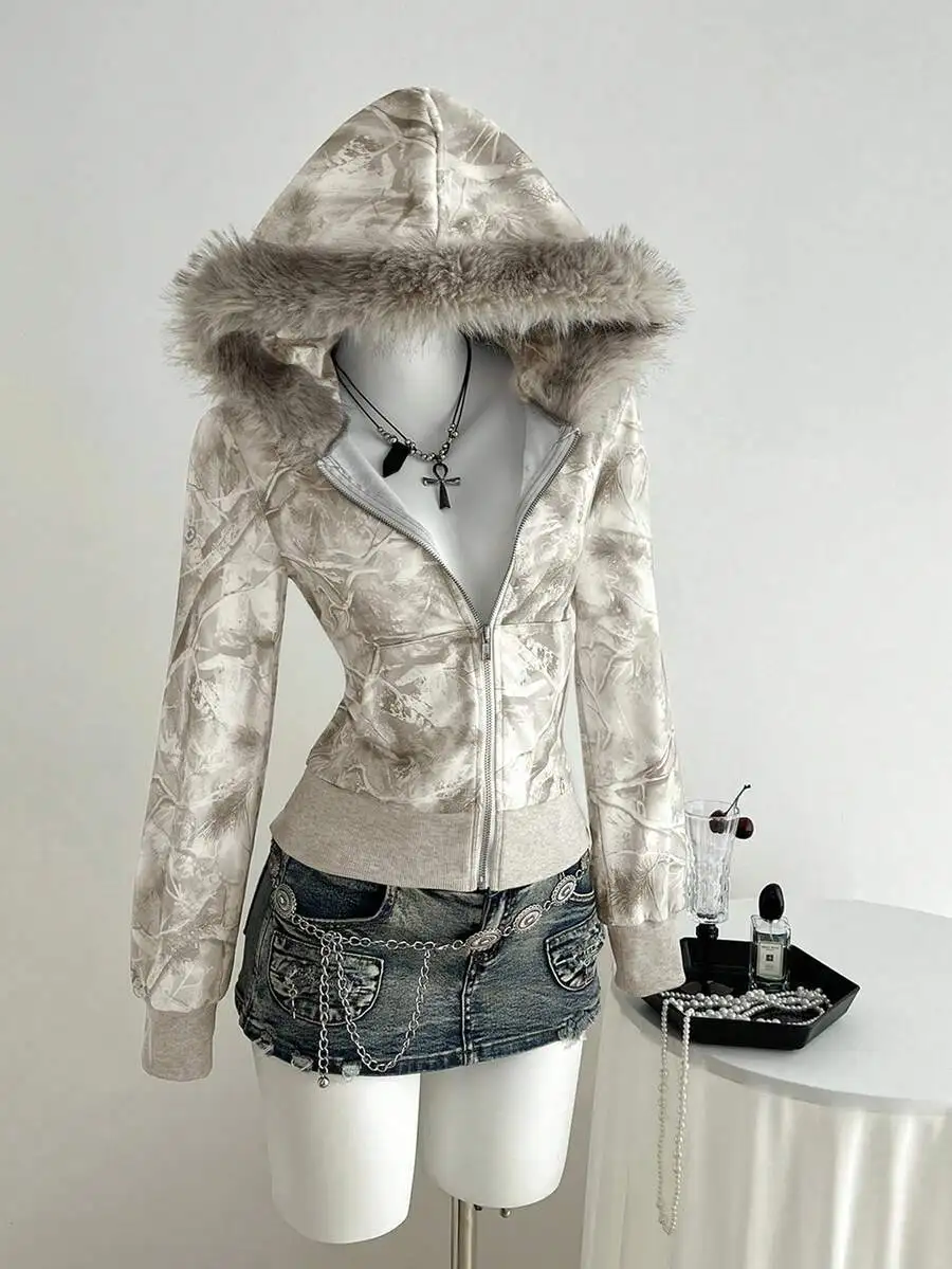 

Женская толстовка с капюшоном и молнией спереди, с мраморным принтом и отделкой из искусственного меха, приталенный крой