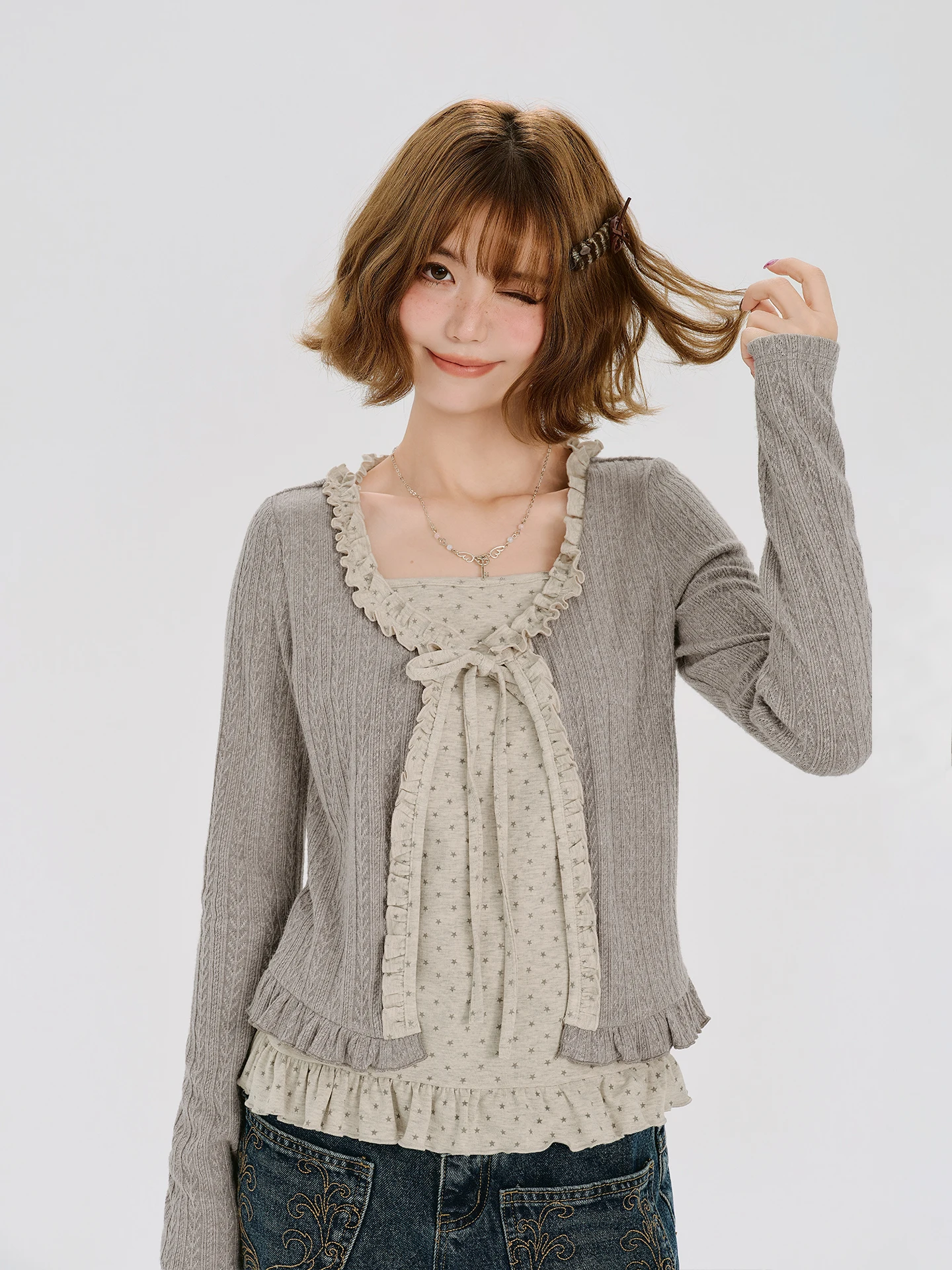 American Retro Wood Grain  Knot Fake Two-Piece Knitted Sweater Women's Autumn New Star Print Small Shirt Casual Style Sli...