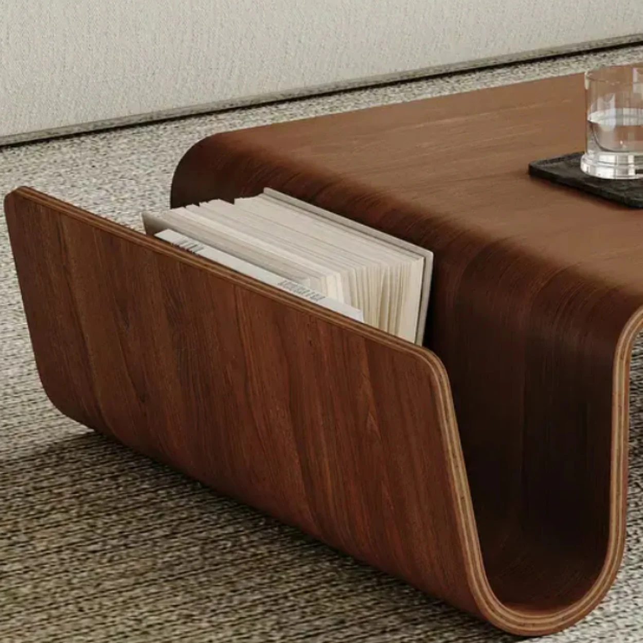 # Contemporary Wooden Coffee Table with Curved Wood Veneer Unique Living Room Furniture Design with Storage for Home Use