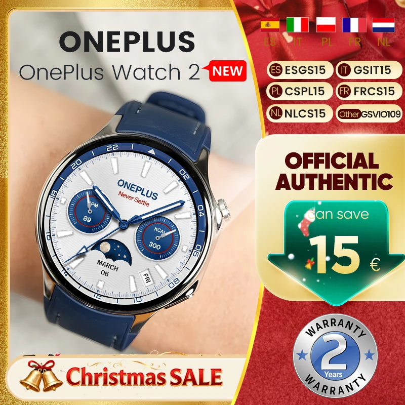 Nouveau Smartwatch OnePlus Watch 2 1.43 ''écran AMOLED 500mAh batterie 100 + Modes sportifs 2GB + 32GB 46mm WiFi GPS IP68 Google Pay