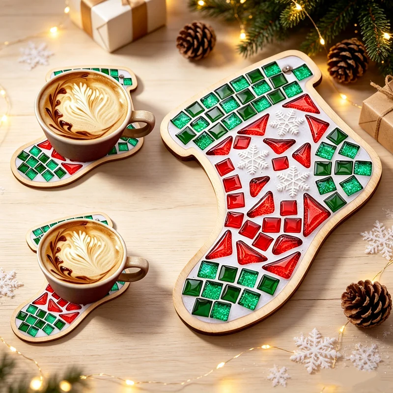 DIY Toys Wooden Santa Claus Mosaic Handmade Coasters Kit Colorful Christmas Tree Handmade Craft Ornaments Party Decoration Gifts